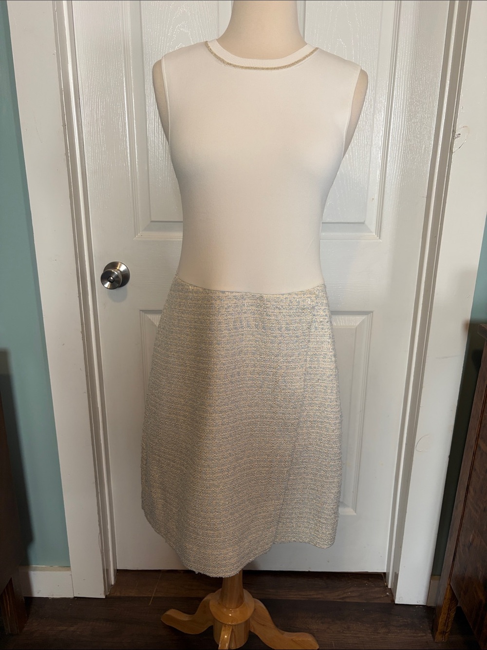 Ted Baker London Cream Metallic A-Line Skirt with Subtle Silver Threading